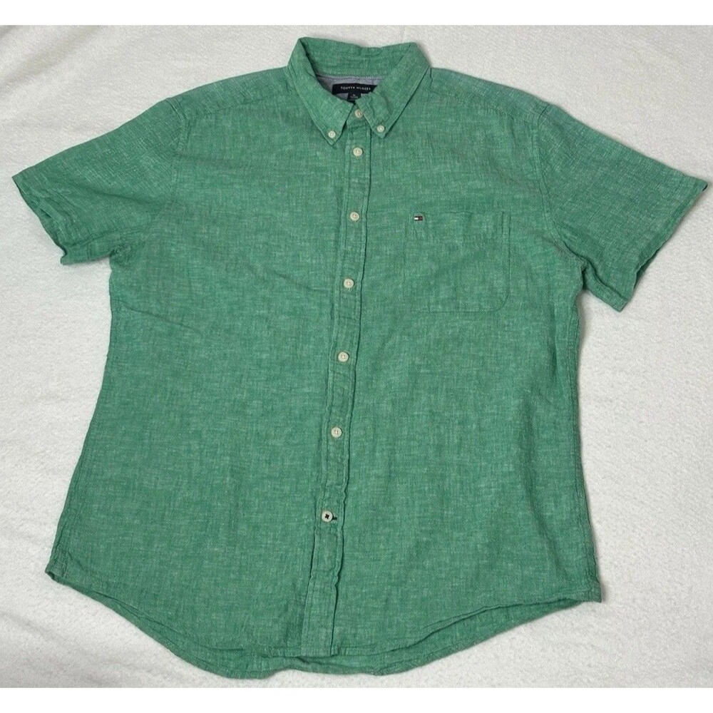 Tommy Hilfiger Men's XL Green Short Sleeve Linen Button Down Shirt Resort Wear